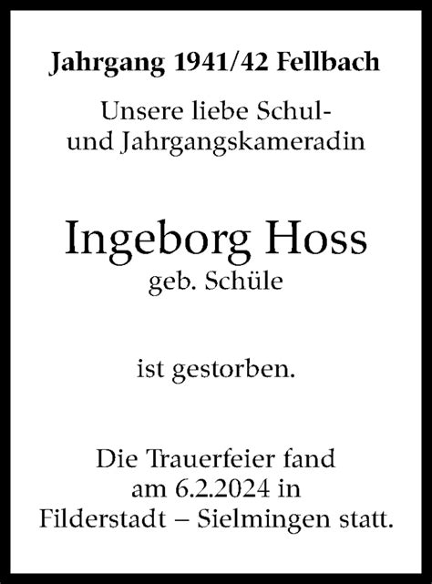 Traueranzeigen Von Ingeborg Hoss Stuttgart Gedenkt De