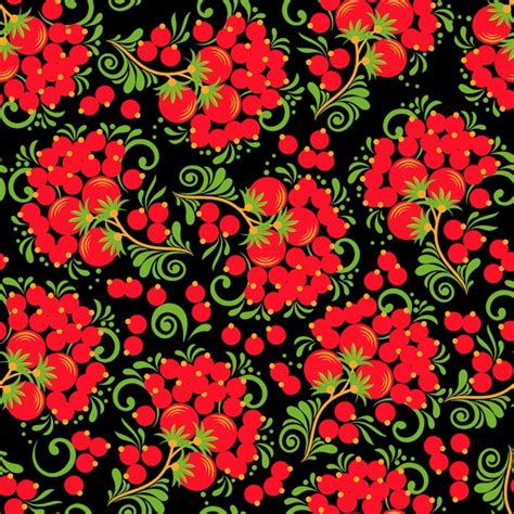 Premium Vector Khokhloma Seamless Pattern With Berries And Leaves On