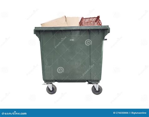 Green Plastic Garbage Container with Trash Isolated on White Background ...