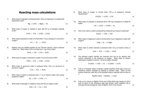 Reacting Masses Calculating Moles With Balanced Equations Teaching Resources