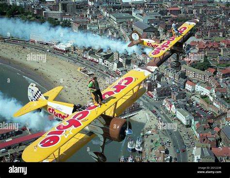 Aerial Photo Of Wing Walking Display With 2 Stearman Biplanes Stock