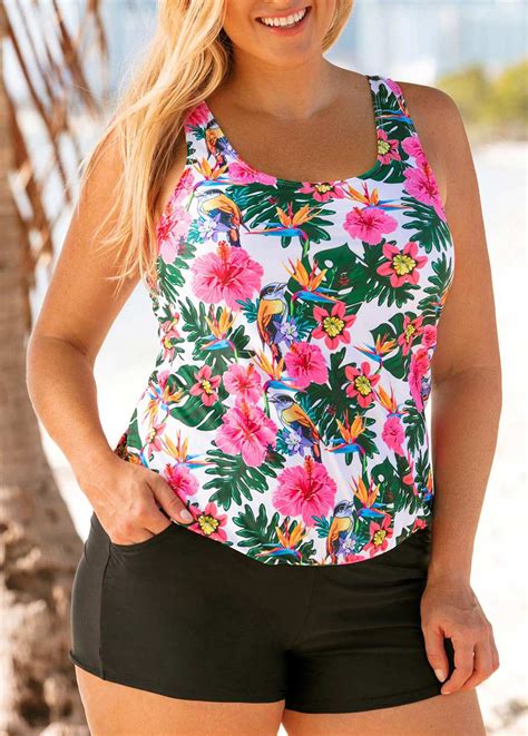 Rotita Plus Size Pocket Floral Print Tankini Set Usd 15 99