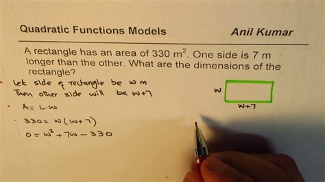 Find Dimensions Of Rectangle With Area Of 330 A Side 7 M Longer Than Other Solve By Factoring