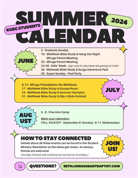 Student Summer Calendar 2024 Kings Grant Baptist Church