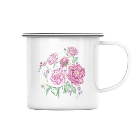 Mug en Métal Emaillé Dessin Roses et Violettes Fait Main Art