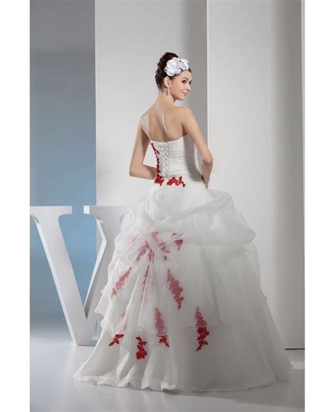 Gorgeous Red And White Lace Organza Wedding Dress Strapless OPH1359