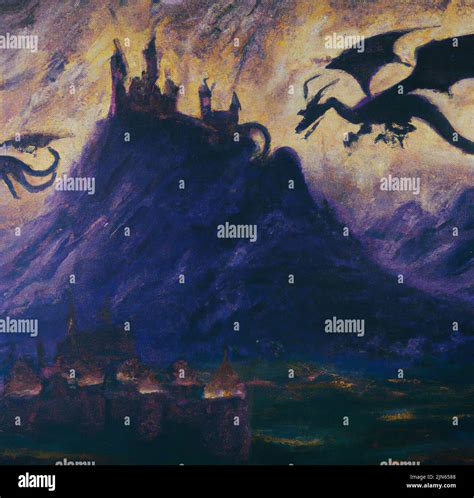 Mystic Dark Fantasy Medieval Castle With Dragons Flying In The Sky