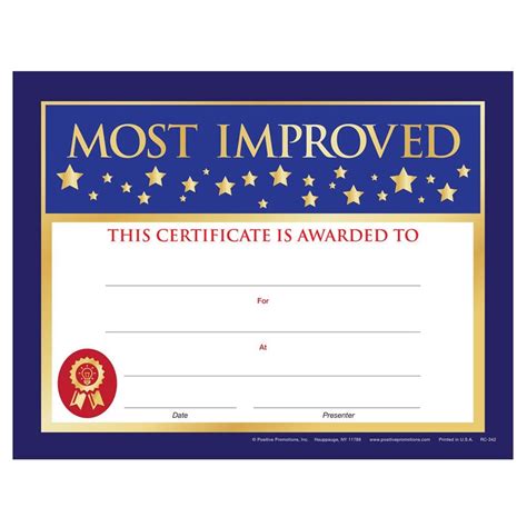 Most Improved Gold Foil Stamped Certificate Pack Of 25 Positive