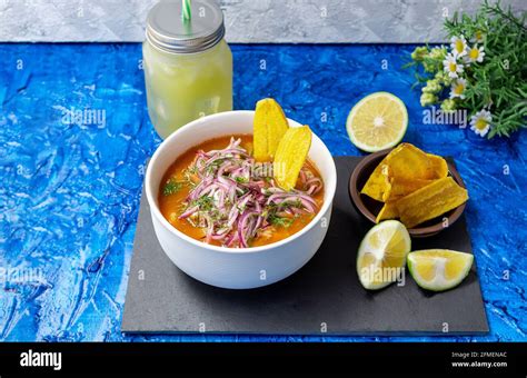 Three Quarter Photo Of A Bowl With Encebollado Typical Ecuadorian Food