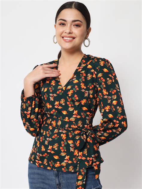 Buy Womenster Green Floral Print Crepe Wrap Top Tops For Women 20954556 Myntra