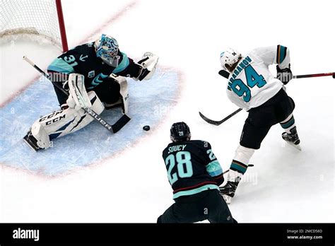 Seattle Kraken Goaltender Philipp Grubauer 31 Deflects A Shot By San