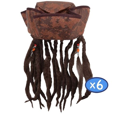 X Caribbean Pirate Hat Brown Hair Braids Beads Fancy Dress Jack