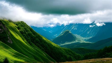 Premium AI Image | Mesmerizing scenery of green mountains with cloudy ...