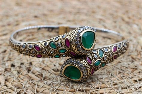 Emerald Bracelet, Ruby Bracelet, Ottoman Bracelet, Handmade Bracelet, Bangle Cuff, Turkish ...