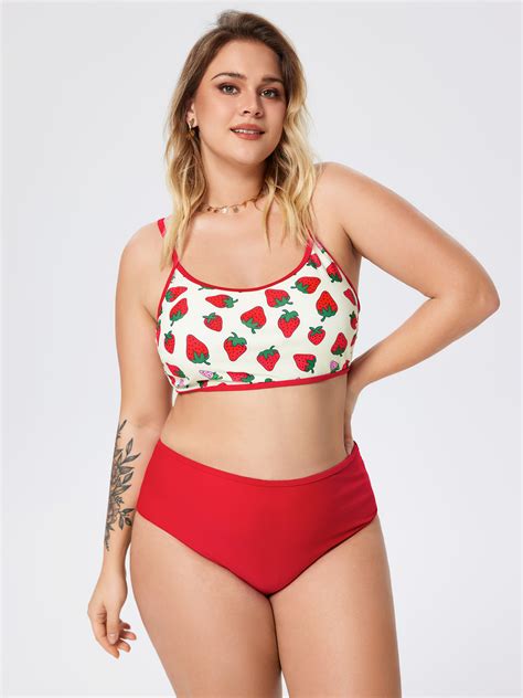 Cute Strawberry Print Tummy Control Bikini Set Curve Plus Cider