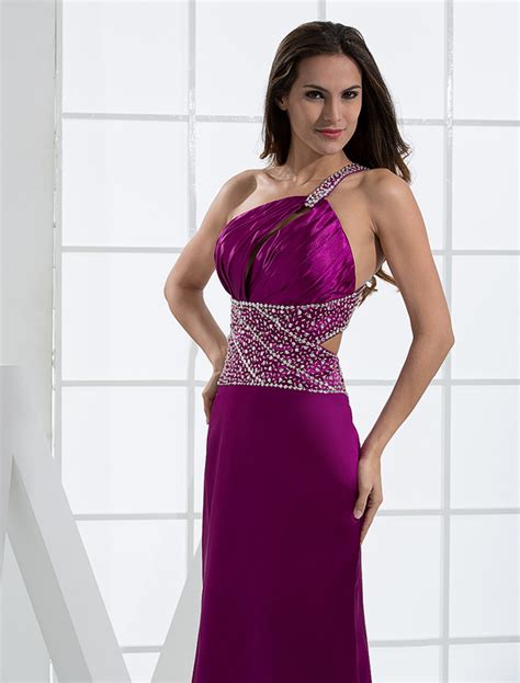 Magenta Evening Dress One Shoulder Beading Floor Length Cutout Satin