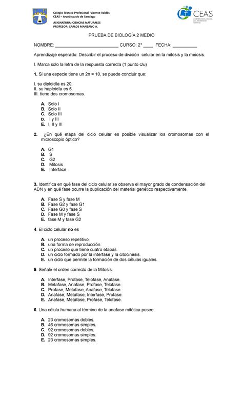 Prueba DE Biologia 2 Medio PRUEBA DE BIOLOGÍA 2 MEDIO NOMBRE