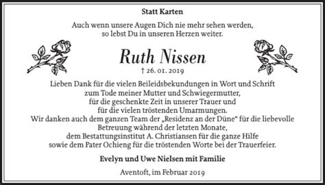 Traueranzeigen Von Ruth Nissen Sh Z Trauer