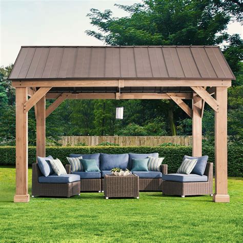 Sunjoy Outdoor Patio 12x14 Brown Wooden Frame Gable Roof Backyard