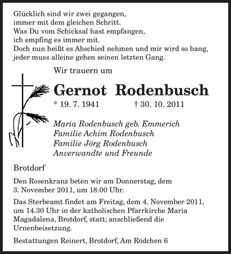 Traueranzeigen Von Gernot Rodenbusch Saarbruecker Zeitung Trauer De