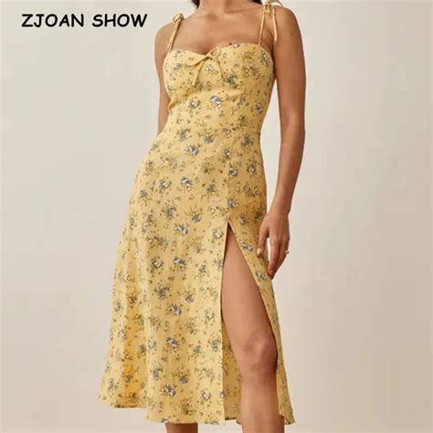 2021 Romantic Yellow Floral Print Spaghetti Strap Midi Dress Retro