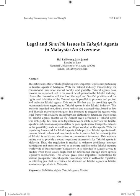 Legal And Shari Ah Issues In Takaful Agents In Malaysia An Overview