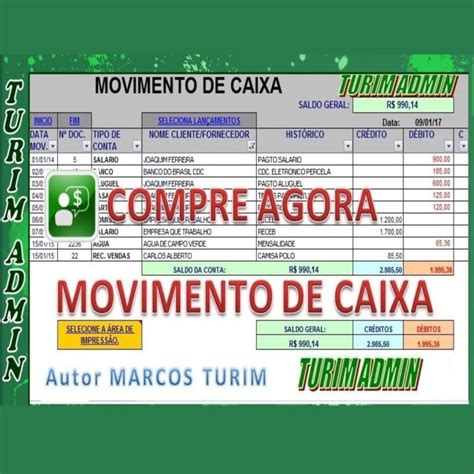 PLANILHA DE CONTROLE DE MOVIMENTO DE CAIXA R 50 00 TURIM ADMIN