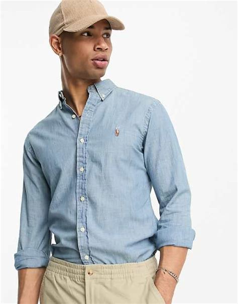 Polo Ralph Lauren Icon Logo Slim Fit Chambray Denim Shirt In Light Wash