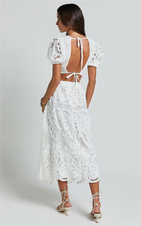 Sveta Two Piece Set Lace Short Puff Sleeve Open Back Crop Top And