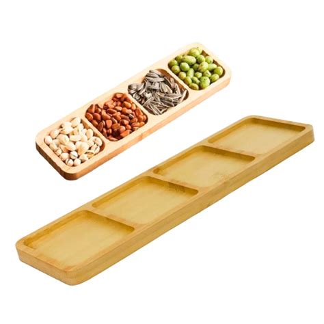 Bandeja retangular Petisqueira de bambu 10x33cm 4 divisórias Mesa