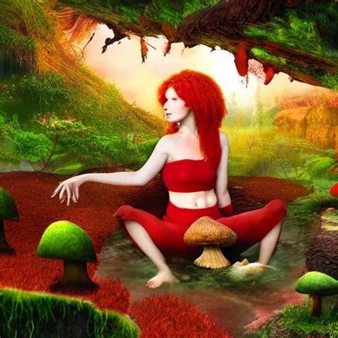 A Red Haired Mushroom Goddess In An Enchanted Mushroom Stable