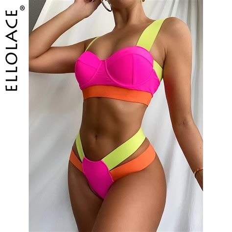 Ellolace Bikini de neón con Push up para mujer traje de baño Sexy