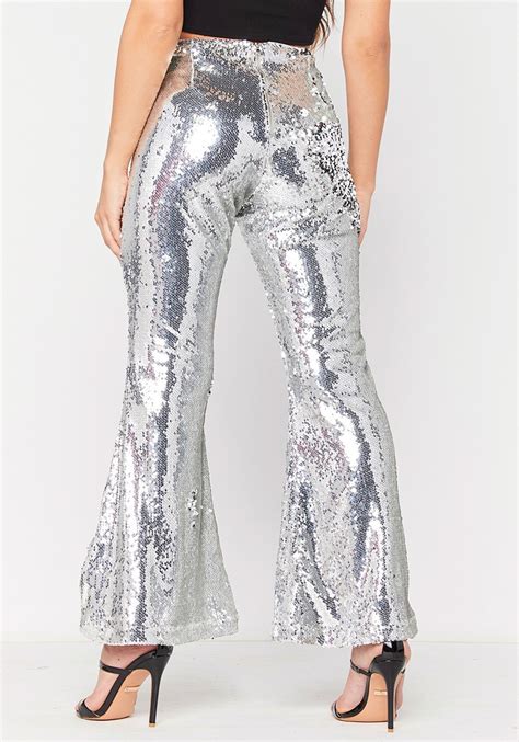 Silver Sequin Glitter Trendy Party Flare Bell Bottom Long Pants Pants