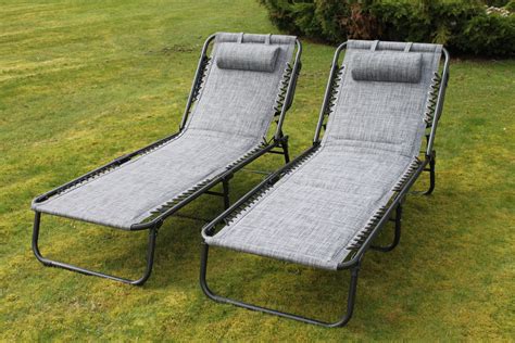 Set Of Luxury Padded Lay Flat Garden Sun Loungers In Grey