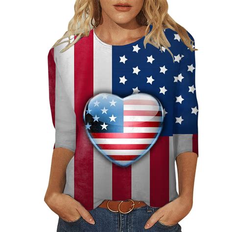 Pmuybhf Female 4 July Womens Tops Trendy Casual Womens Three Quarter