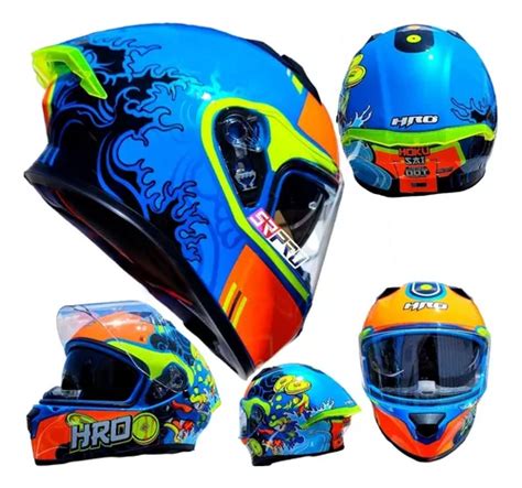 Casco Moto Hro Hoku Sai Certificado Mas Lentes Naranja Azul Env O Gratis