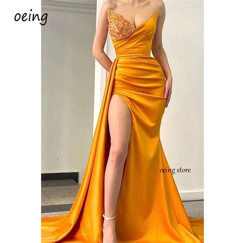 Oeing Sexy Sweetheart Orange Satin Mermaid Prom Dresses Sequin Half