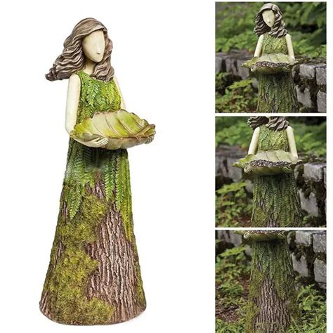 30cm Sherwood Fern Fairy Statuary With Bird Feeder Resin Ornament