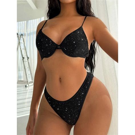 Jual Preorder Shiny Black Bikini Women Sequin Underwire Push Up Micro