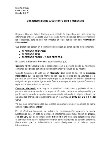 Diferencias Entre El Contrato Civil Y Mercantil Pdf Derecho Privado