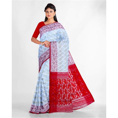 Buy White Jamdani Saree With Red Border Resham Cotton