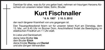 Traueranzeigen Von Kurt Fischnaller Trauer Bz