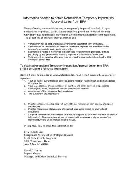 Non Resident Temporary Importation Approval Letter