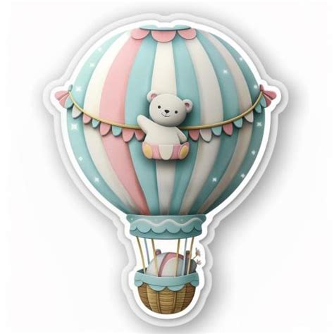 Cute Kawaii Stickers Whimsical Hot Air Balloon With Happy Bear On White Background 76 Photo
