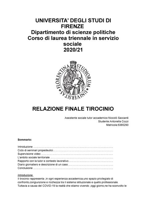 Relazione Finale Del Tirocinio UNIVERSITA DEGLI STUDI DI FIRENZE