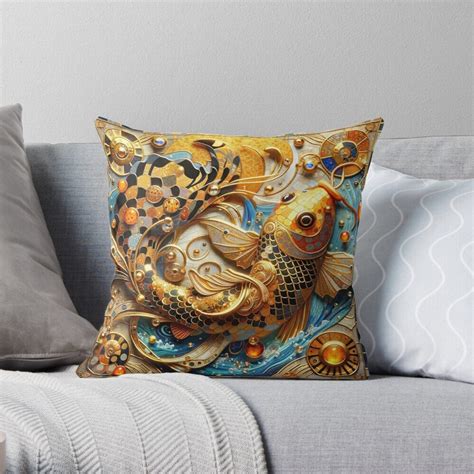 Luxurious Koi Fish Pillow Cover Opulent Gold And Blue Artwork Elegant