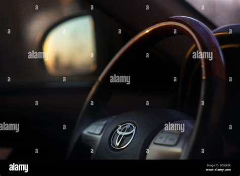 Close Up Of The Steering Wheel Inside The Car View Of The Black