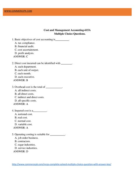 Cost Accounting Mcqs Financial Management Cost And Management