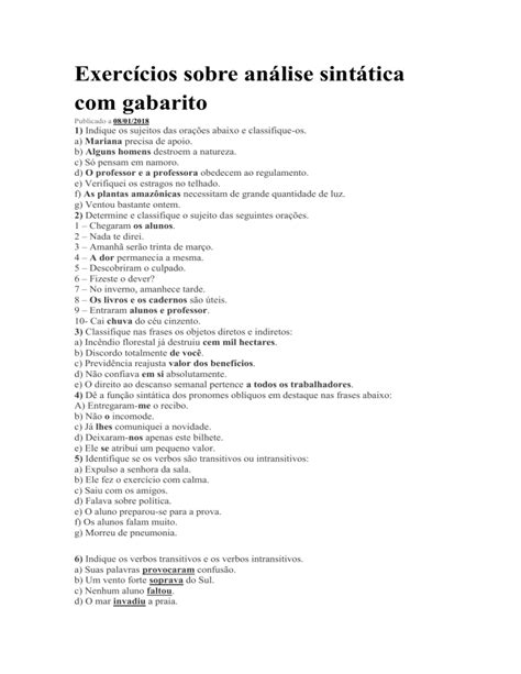 Exercícios sobre análise sintática gabarito