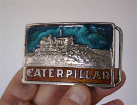 Vintage 70s Solid Brass Caterpillar Bulldozer Colorful Enameled Belt